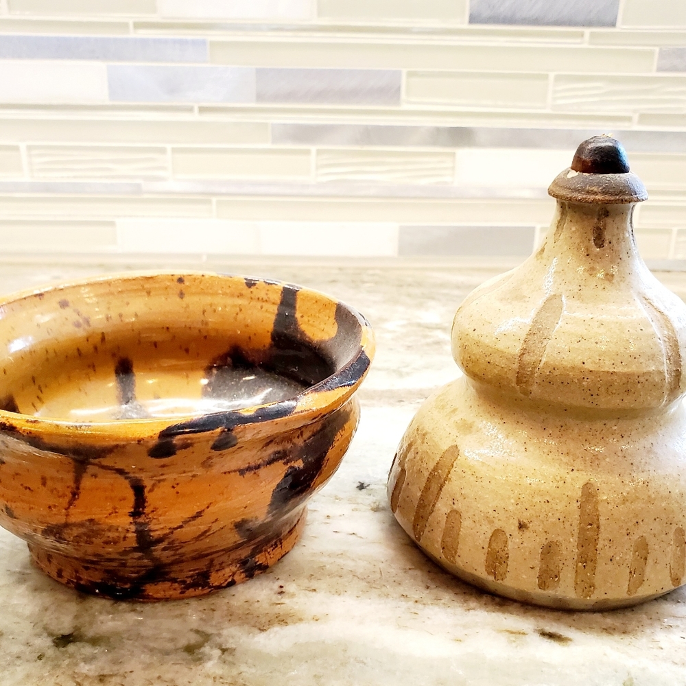 Hand Crafted signed  Bowl and Oil Pot